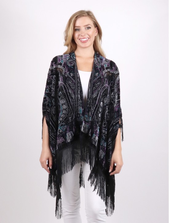 Velvet Paisley Print Cape W/ Fringes